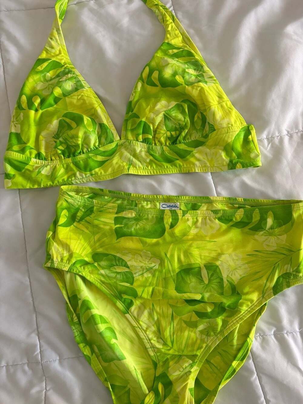 Vintage Catalina Neon Lime Green Tropical Bikini Set High Waisted Medium